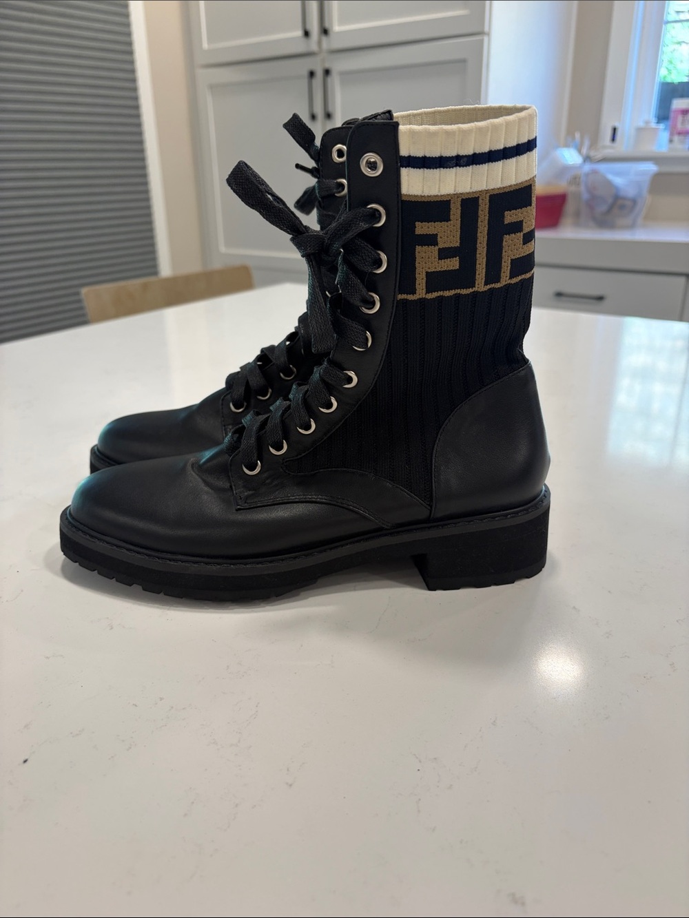 Fendi Black Leather Lace-Up Boots with Cream & Tan FF Knit Cuff size 39